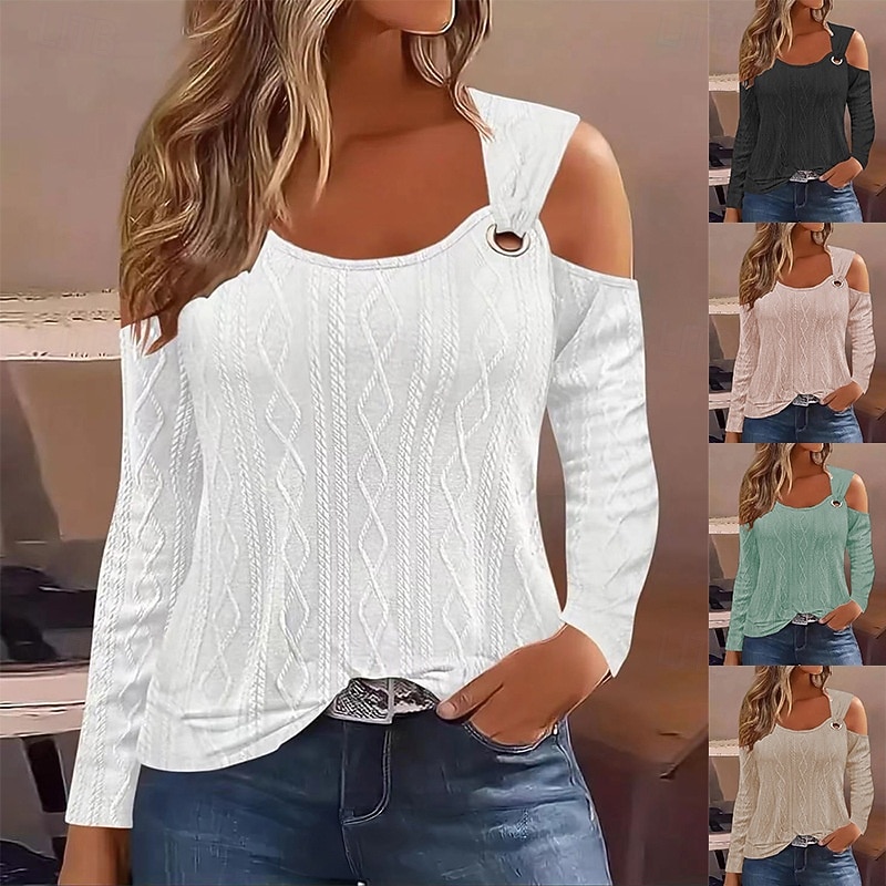 Women's Blouse Solid Color Stylish Casual Long Sleeve Scoop Neck Regular Tops Daily Patchwork Hollow Out Black White Pink Green Khaki Spring Fall Winter