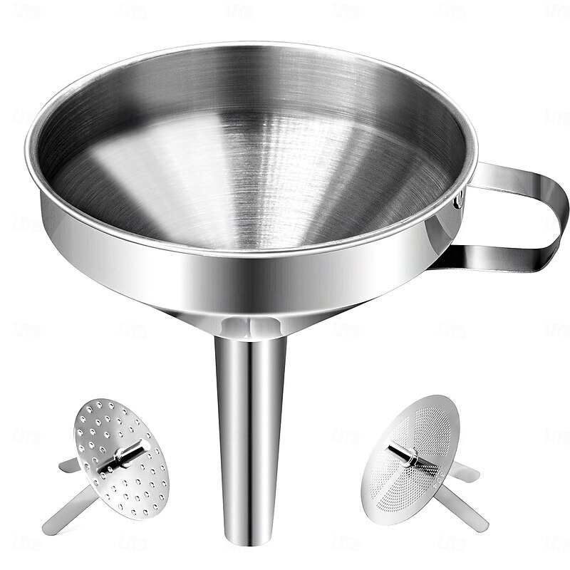 Stainless Steel Kitchen Funnel with 2 Detachable Strainers Multi-Use Premium Metal Food Grade Cooking Funnels with 2 Removable Strainer Filter for Transferring Liquid or Dry ingredients Oils