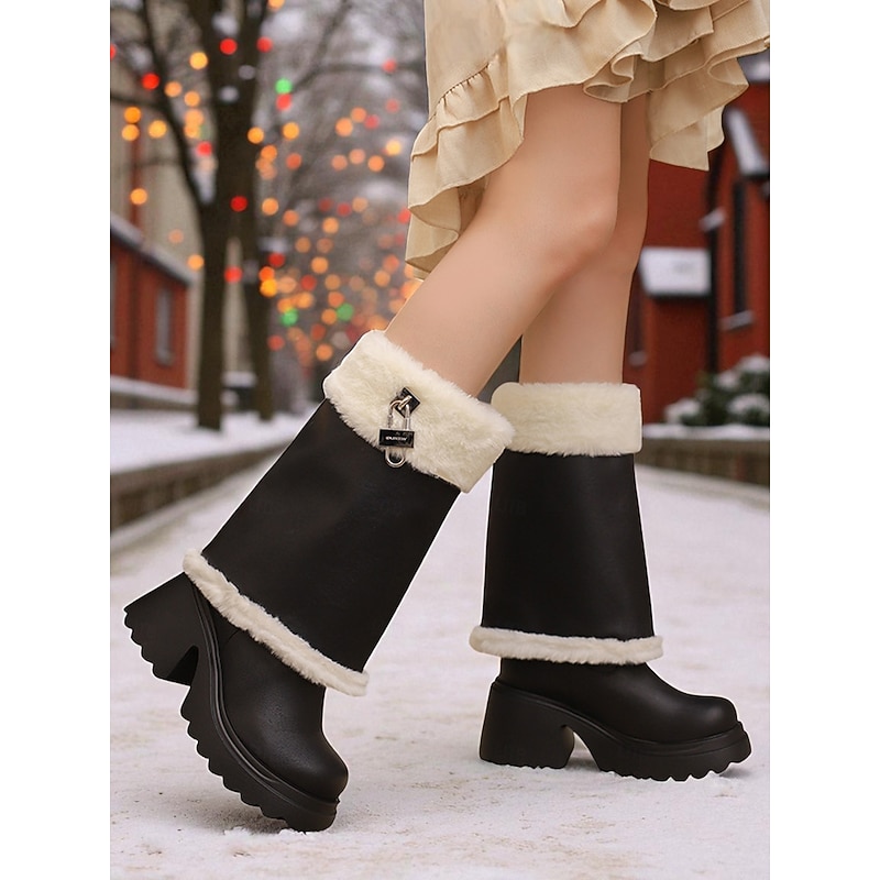 Women's Faux Leather Knee High Winter Boots with Faux Fur Trim and Block Heel - Warm Fashion Snow Boots for Ladies, Casual Streetwear, Outdoor & Holiday Outfits2