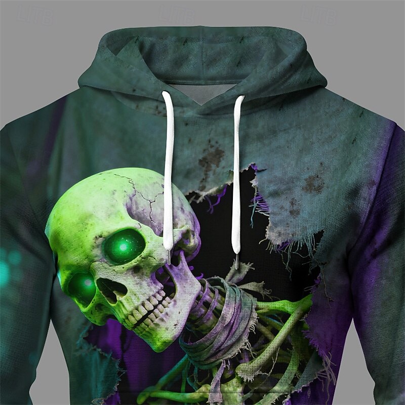 Halloween Men's Skull Hoodie Fashion Daily Hooded Vacation Party Streetwear Green Drawstring Pocket Printing Fall Winter Designer2