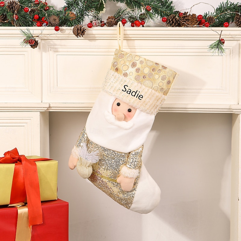 Personalized Christmas Stocking Custom Name Gold Santa Long Holiday Stockings for Christmas Tree Decoration, Perfect Gift for Xmas & New Year Celebrations