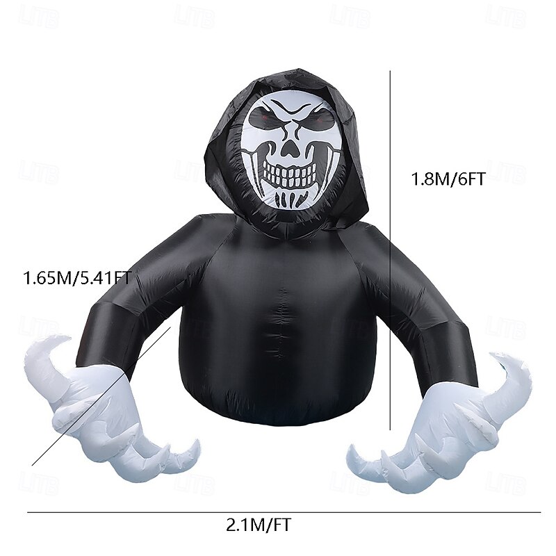 1 Pc 2.1M * 1.8M Halloween Ghost Face Red Eyes Black Clothes Man LED with Light Inflatable Air Model Indoor and Outdoor Courtyard Garden Lawn Party Horror Weird Atmosphere Decorative EU/US/UK/AU Plug2
