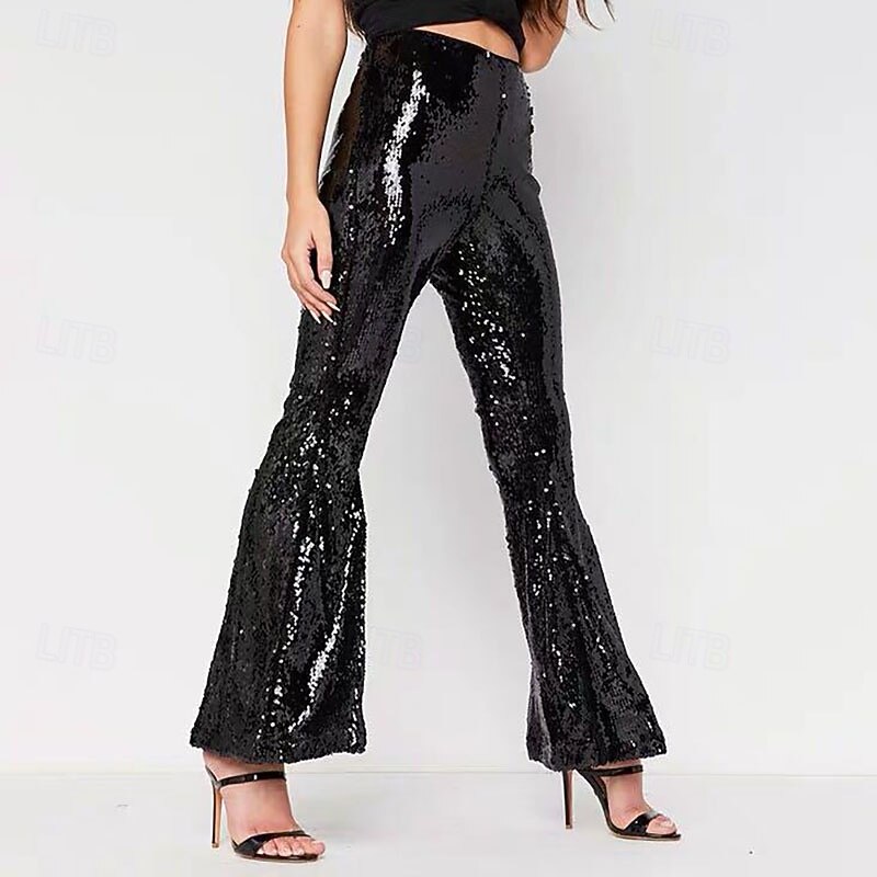 Women's Culottes Wide Leg Bell Bottom Fashion Streetwear Metallic Full Length Medium Waist Plain Elastic Waist Shiny Metallic Comfortable Micro-elastic Party Club Black Silvery Blue Spring Fall Loose3