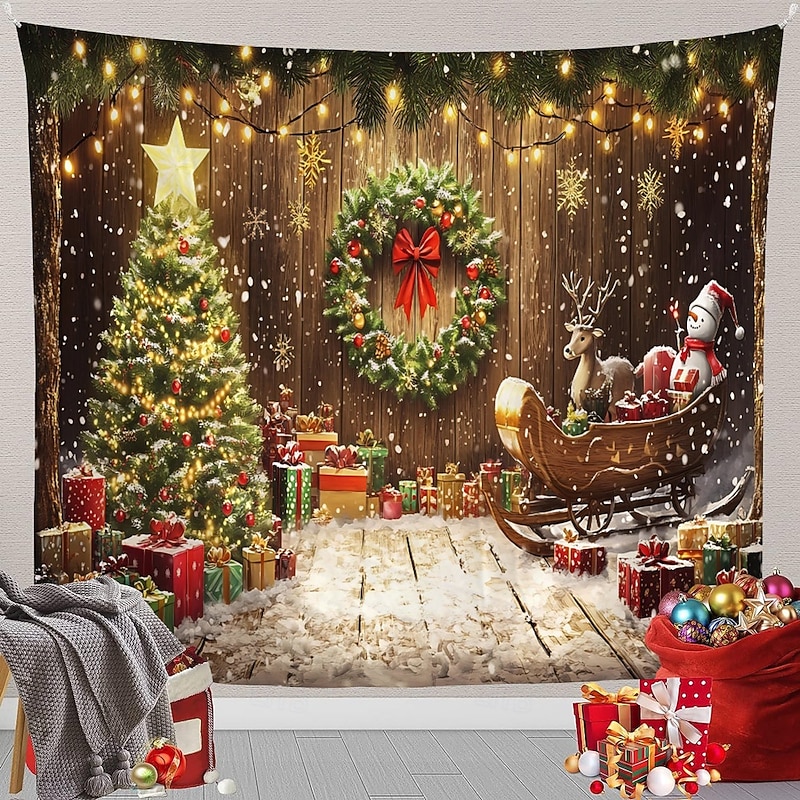 Chrismas Hanging Tapestry Christmas Tree Christmas Wreath Gift Boxes Large Wall Art Mural Decor Blanket Curtain Holiday Home Bedroom Living Room Festive Party Seasonal Celebration Decoration4
