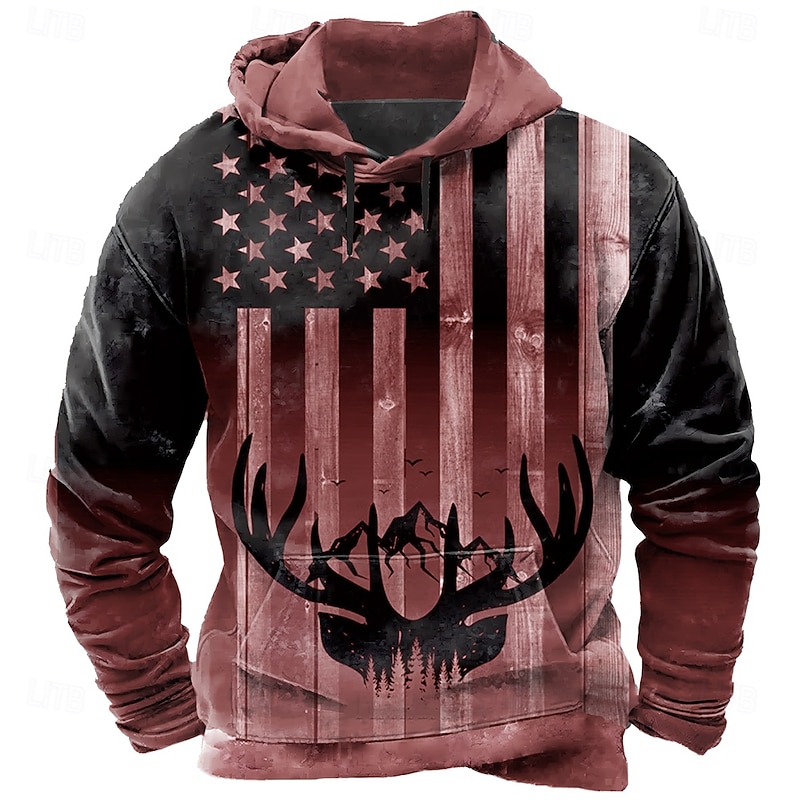 Men's American US Flag Deer Hoodie Sweatshirt Fashion Classic Crew Neck Outdoor Hunting Black Red Drawstring Fall Winter Designer2