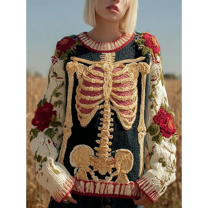 Halloween Women's Sweater Skeleton  Cute Streetwear Casual Graphic Skeleton Crew Neck Patchwork Knitted Long Sleeve Regular Tops KnitBlack Orange Fall Winter