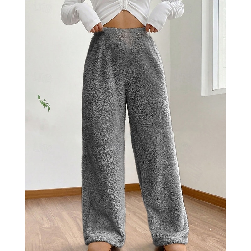 Women's Wide Leg Slacks Fashion Casual Full Length Mid Waist Plain Elastic Waist Thermal Warm Inelastic Stretchy Formal Vacation Street Light Gray Dark-Gray Camel Grey Winter Regular Fit Loose Fit