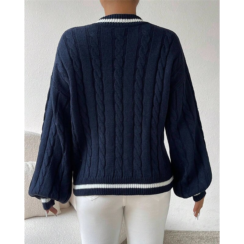 Women's Sweater Pullover Fashion Casual Color Block Ribbed V Neck Knitted Long Sleeve Regular Tops Knit Outdoor Daily Weekend Black Navy Blue Fall Winter3