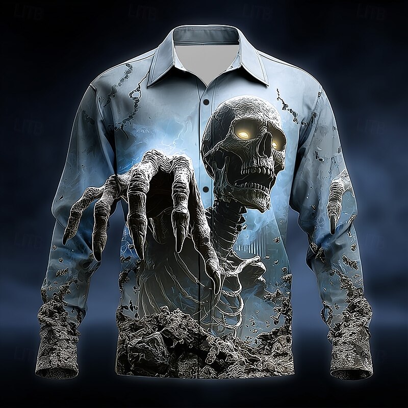 Halloween Men's Skull Grim Reaper Lightning Shirt Button Up Shirt Long Sleeve Dark Gothic Style Holiday Streetwear Spring Fall Turndown 3D Print Collared Shirts Blue 2# Blue 1# Blue3