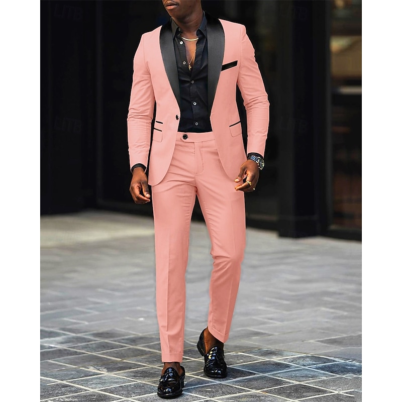 Men's Blazer Suits Business Cocktail Party Wedding Party 2 Piece Fashion Casual Spring Fall Polyester Color Block Pocket Buttons Comfortable Single Breasted Blazer Dark Gray Black White Dark Red