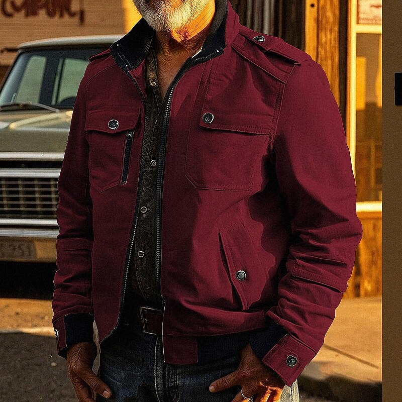 Men's Utility Jacket Cargo Jacket Vacation Daily Wearproof Pocket Fall Winter Plain Fashion Classic Stand Collar Regular Black Red Khaki Army Green Dark Blue Jacket3