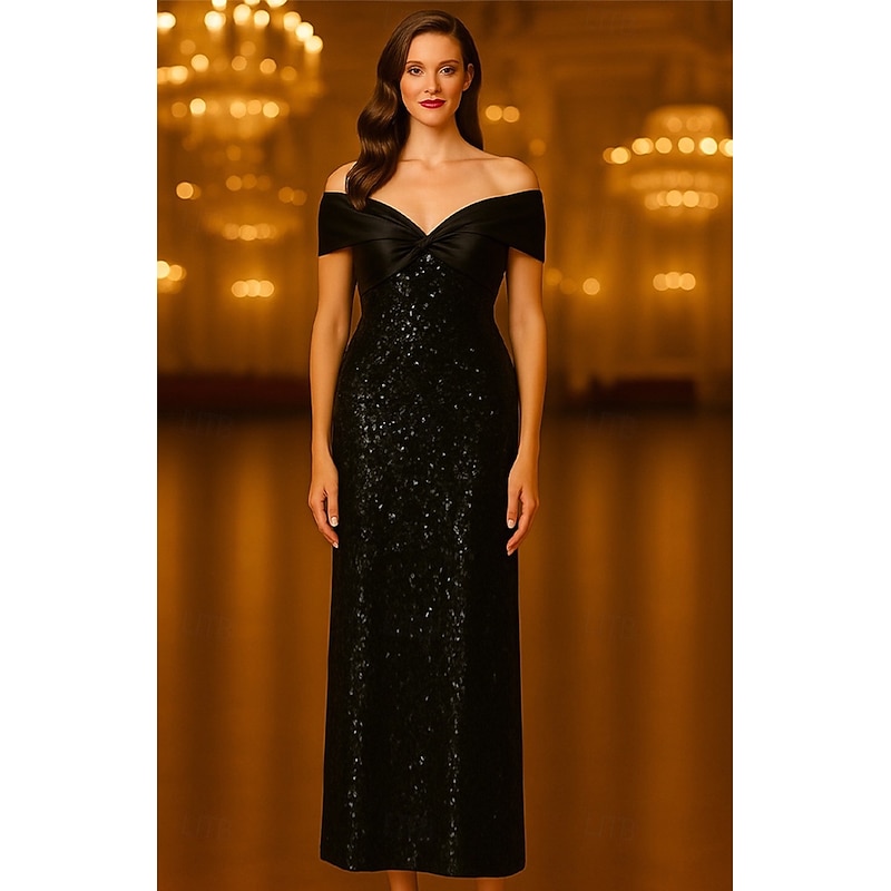 Black Tie Sequin Sheath / Column Evening Gown Elegant Dress Formal Wedding Floor Length Sleeveless Off Shoulder Stretch Satin with Bow(s) Ruched 20252