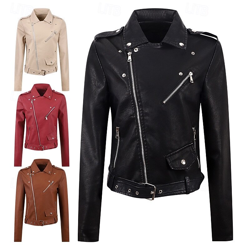 Women's Faux Leather Jacket Warm Comfortable Zipper Pocket Casual Solid Color Vacation Street Casual Daily Wear Regular Turndown Regular Fit Long Sleeve Outerwear Black Wine Chocolate Fall Winter