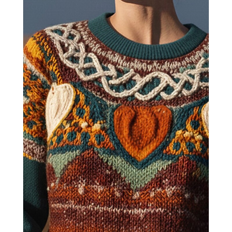 Women's Sweater Pullover Vintage Daily Casual Graphic Ribbed Crew Neck Knitted Print Long Sleeve Regular Tops Knit Outdoor Weekend Brown Fall Winter2