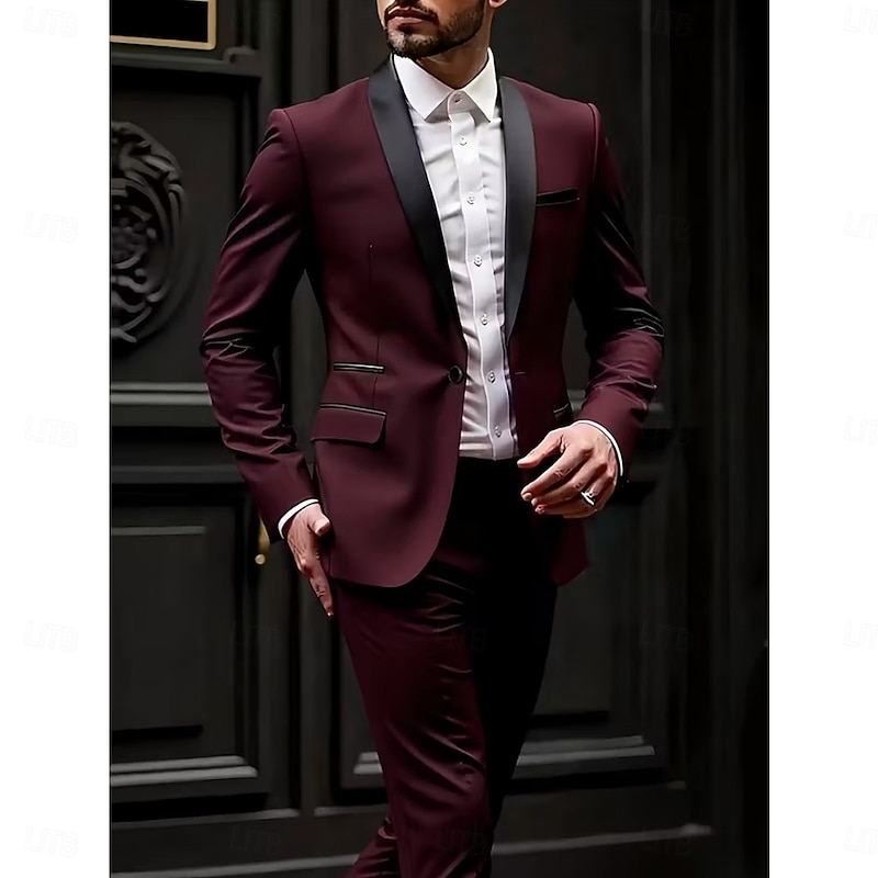 Men's Wedding Business Party Suits Shawl Lapel Black Burgundy Daily Formal Solid Colored Standard Fit 2 Piece Single Breasted One-button
