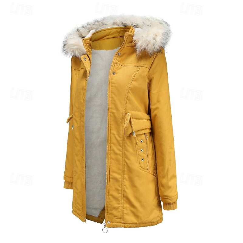 Women's Winter Coat Parka Warm Comfortable Zipper Pocket Casual Plain Vacation Casual Daily Wear Going out Long Hooded Regular Fit Long Sleeve Outerwear Black Yellow Pink Fall Winter3