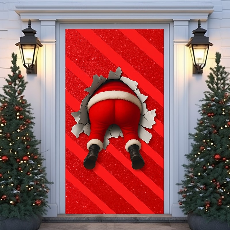 Christmas Door Cover, Red Bells and Ribbon Festive Backdrop Door Curtain for 2025 Xmas Party Indoor Outdoor Holiday Decorations2