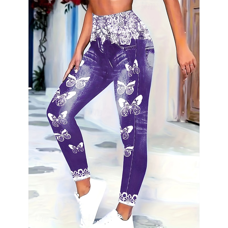 Women's Leggings Vacation Vintage Fashion Full Length High Waist Floral Graphic Butterfly Printing Thermal Warm Soft Breathable High Elasticity Vacation Street Casual Violet Spring Fall Winter Slim