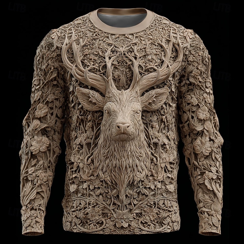 Men's Camo 3D Deer T Shirt Long Sleeve T shirt 3D Print Crew Neck Shirt Fashion Outdoor Street Sports Outdoor Hunting Dark Brown Light Brown Brown Summer Spring Clothing Apparel S M L XL XXL XXXL2