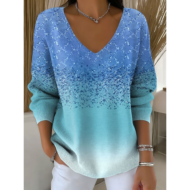 Women's Sweater Pullover Fashion Streetwear Casual Graphic Geometric Color Gradient V Neck Oversized Knitted Long Sleeve Regular Tops Knit Outdoor Daily Blue Spring Fall