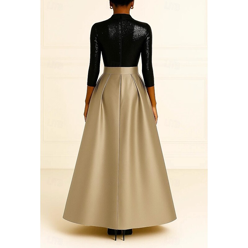 Tuxedo Dress Black Sequin Dress Formal Wedding Wedding Guest Satin A-line Dress Elegant 3/4 Sleeve Pleated Floor Length Peaked Lapel Hidden2