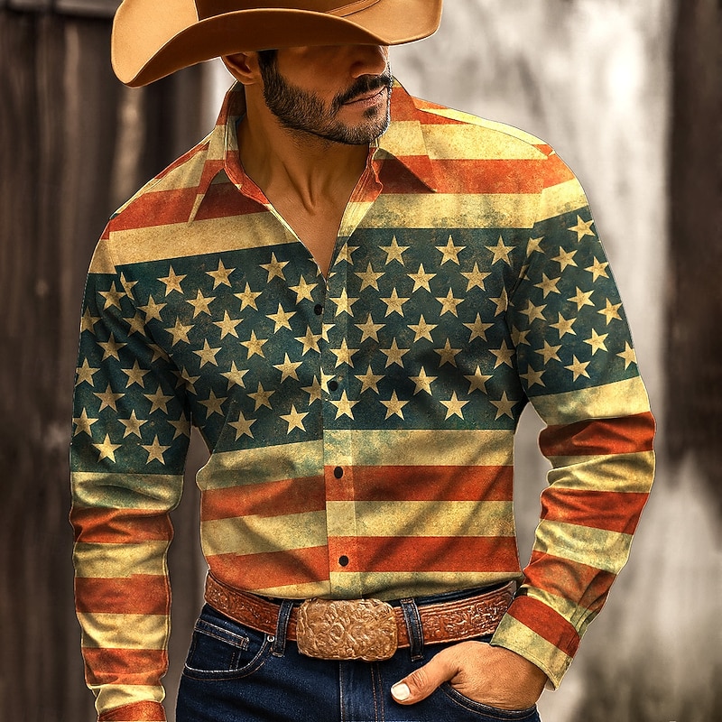 Men's American US Flag Patriotic Shirt Western Shirt Cowboy Shirt Long Sleeve Vintage Retro Outdoor WorkWear Hunting Spring Fall Turndown 3D Print Button Up Shirts Orange yellow Blue2