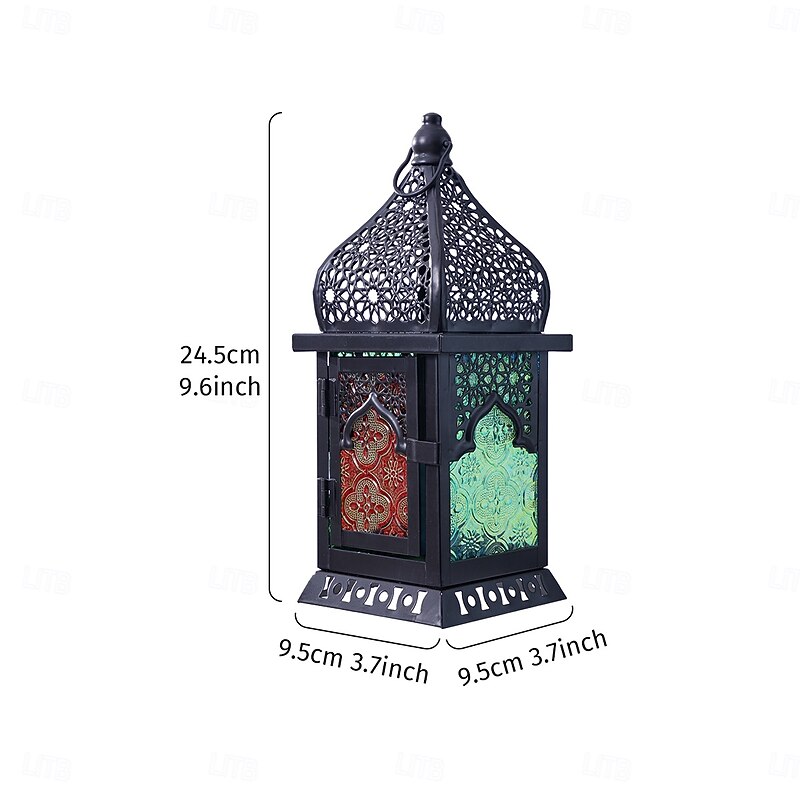 Castle Shape Hollow Pattern Colorful Glass Candle Holder, Iron Frame Windproof Hanging Lantern for Christmas Theme, Home, Party, and Holiday Decorations3
