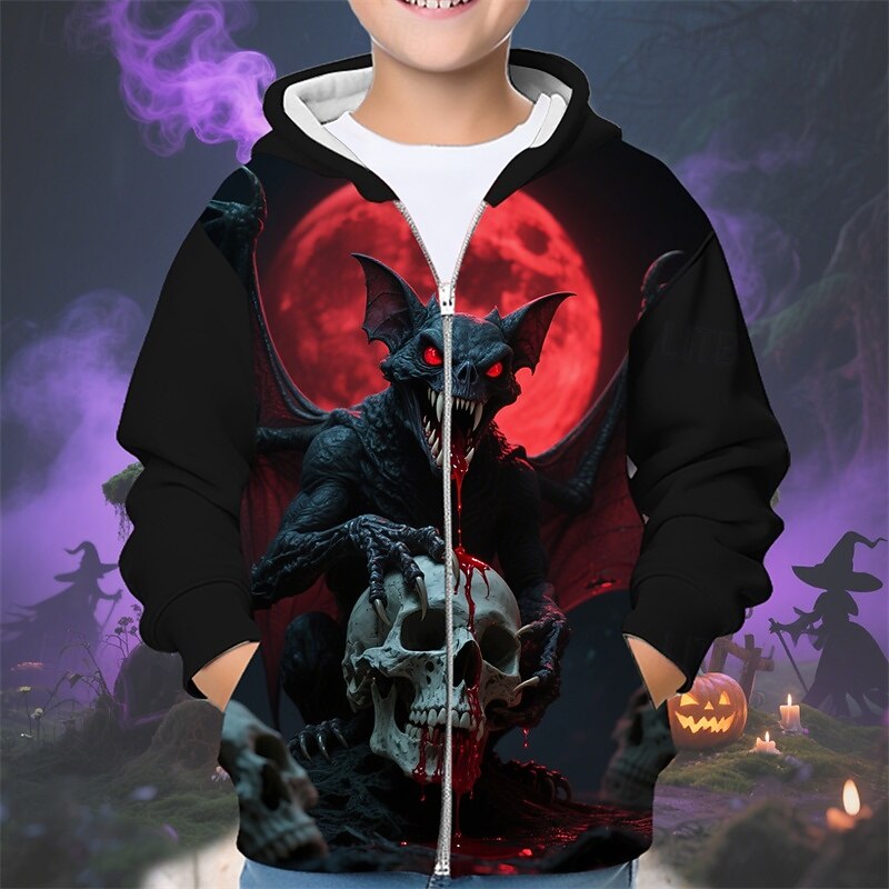 Halloween Boys' 3D Skull Hoodie Coat Outerwear Long Sleeve Spring Fall Adorable Sport Kids 4-12 Years Zip Street Daily Regular Fit