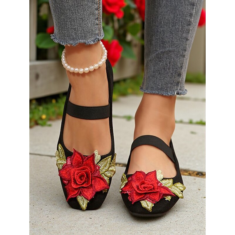 Women's Christmas Mary Jane Flats – Faux Suede Rose Embroidered Strap Shoes for Holiday Party and Daily Wear3