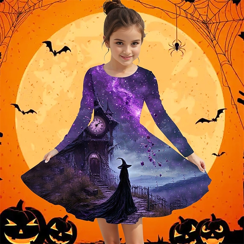 Halloween Girls' 3D Graphic Dress Long Sleeve Summer Spring Vacation Daily Holiday Princess Beautiful Sweet Kids 4-12 Years Casual Dress A Line Dress Knee-length Regular Fit