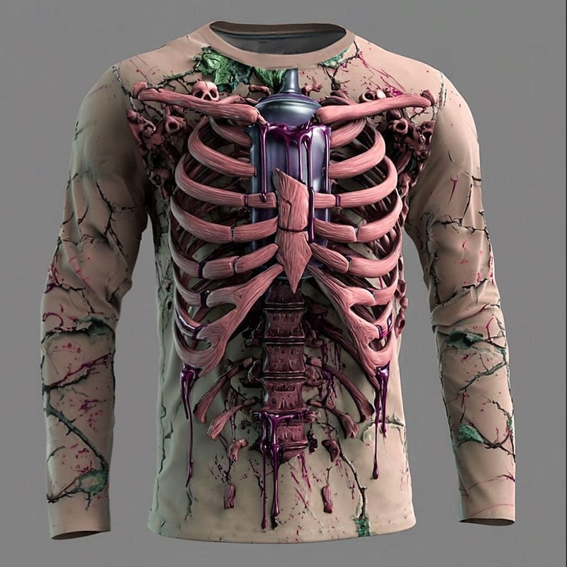 Halloween Men's 3D Skeleton T Shirt Long Sleeve T shirt 3D Print Crew Neck Shirt Fashion Exaggerated Street Casual Daily Red Blue Green Summer Spring Fall Clothing Apparel S M L XL XXL XXXL2
