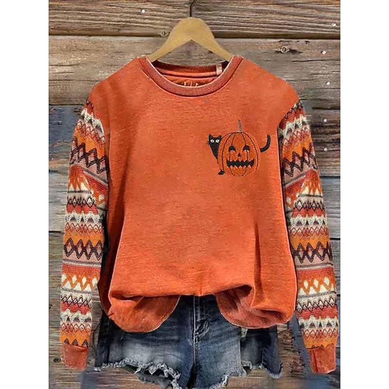 Women's Pullover Graphic Pumpkin Casual Long Sleeve Crew Neck Regular Tops Street Dailywear Casual Print Pink Blue Orange Green Spring Fall Winter