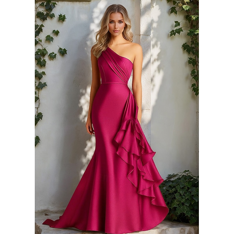 Mermaid / Trumpet Evening Gown Elegant Formal Dress Formal Wedding Sweep / Brush Train Sleeveless One Shoulder Satin with Ruched Ruffles 2025