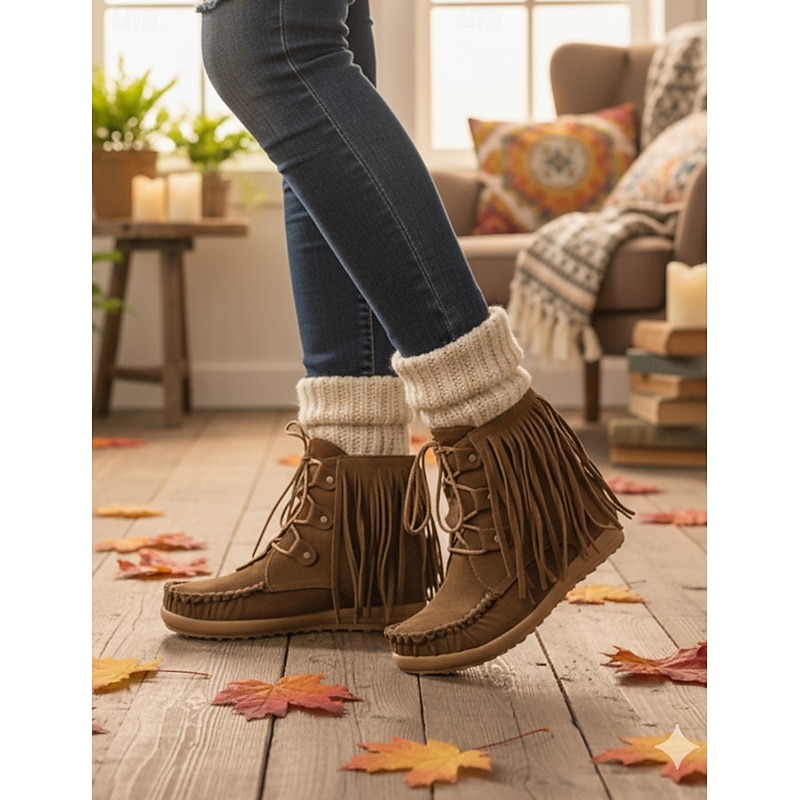 Women's Brown Fringe Moccasin Ankle Bootswith Lace-Up Design for Boho Style - Perfect for Festivals and Everyday Wear2