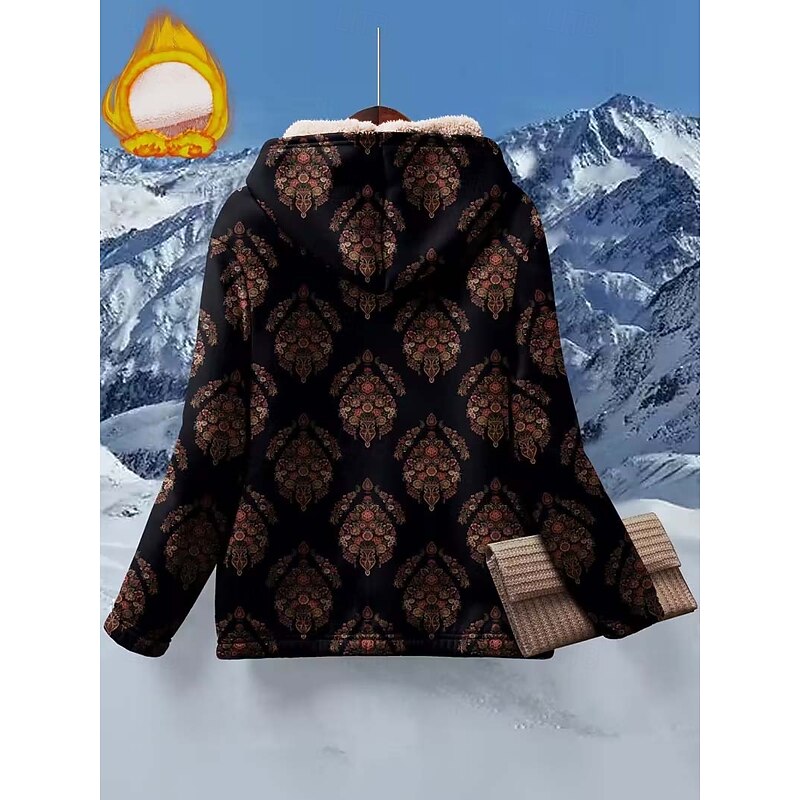 Women's Zip Up Hoodies Floral Graphic Paisley Warm Active Vintage Long Sleeve Hooded Regular Tops Home Party Evening Wear Dailywear Zip Up Patchwork Zipper Black Spring Fall Winter2