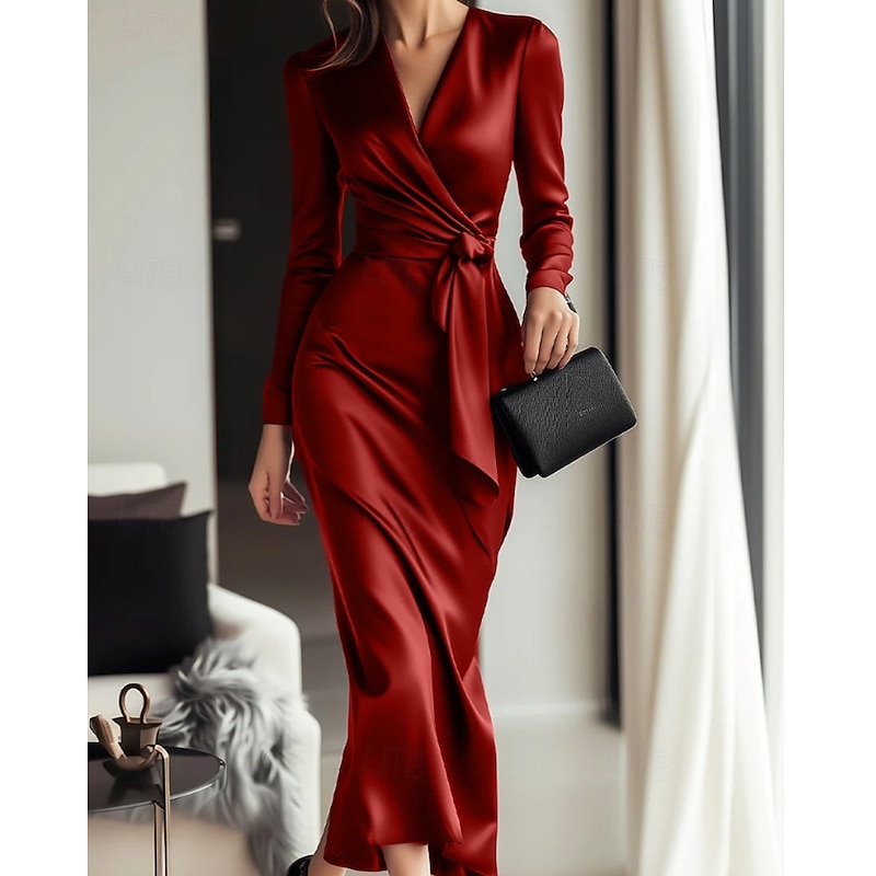Women's Midi Dress Party Dress Cocktail Dress Satin Dress Elegant Modern Party Evening Party Regular Fit Plain Long Sleeve V Neck Black Wine Fall Winter4