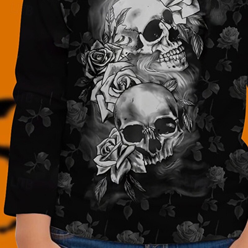 Halloween Girls' 3D Skull T shirt Tee Long Sleeve Spring Fall Fashion Basic Kids 4-12 Years Crew Neck Outdoor Casual Daily Regular Fit3