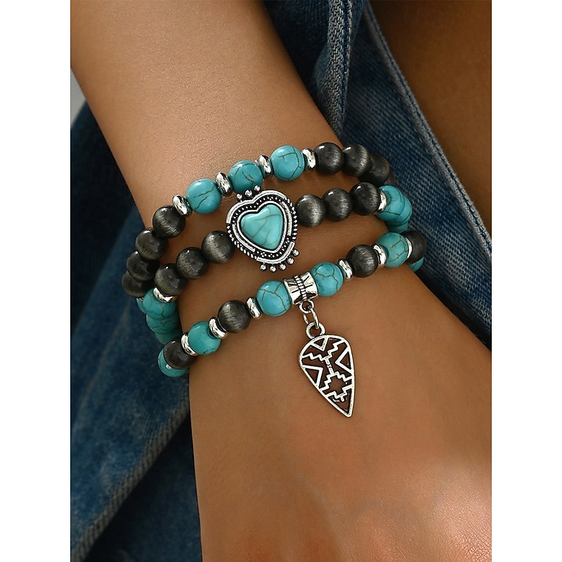 Women's Turquoise Beaded Bracelet Set with Heart Pendant, Bohemian Layered Stretch Wristband Jewelry for Casual Wear, Parties and Gifts3