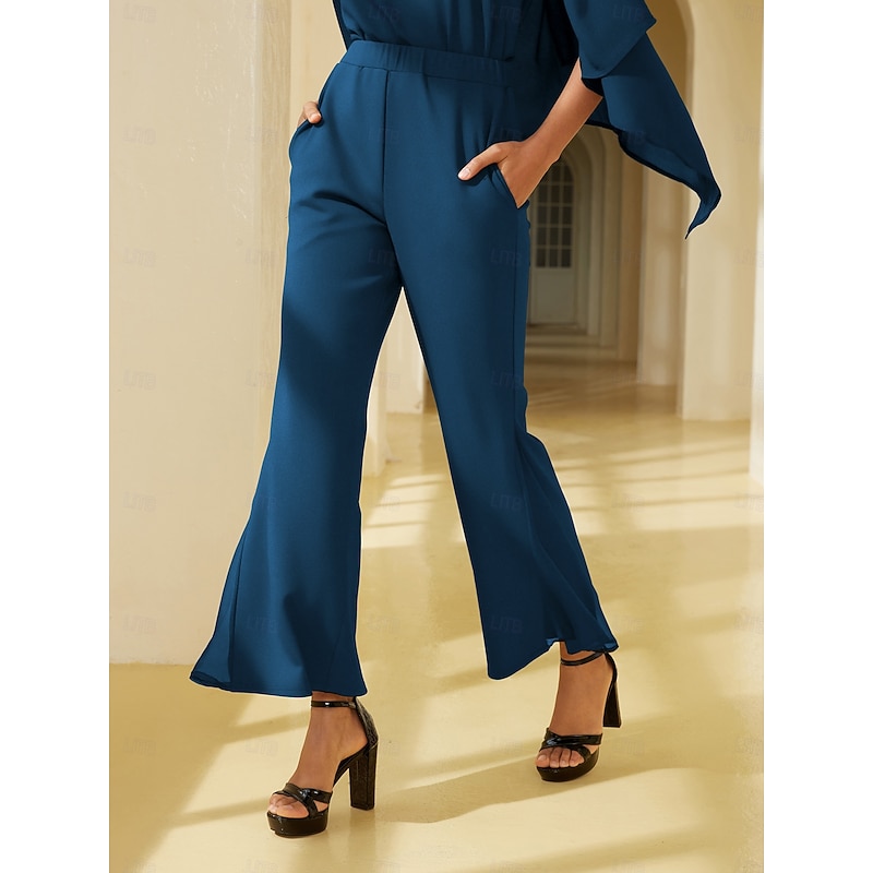 Women's Dark Blue ButterFlex Modal Bell-Bottom Pants with WhisperFlow Chiffon Sheer Panels Flared Leg Stretch Waist Elegant Comfortable Daily Work Fall