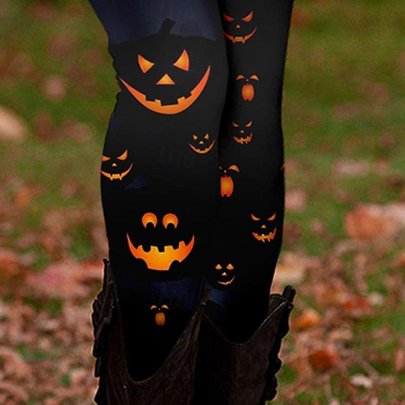 Women's Leggings Cozy Leggings Ethnic Style Basic Casual Full Length High WaistPantsHalloween Graphic Pumpkin Printing Thermal Warm Comfortable Stretchy Vacation Casual Daily Black Fall Winter Slim3