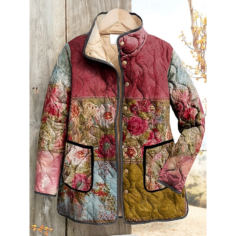 Women's Winter Jacket Quilted Jacket Warm Lightweight Print Active Vintage Cute Artistic Floral Casual Regular Stand Collar Regular Fit Long Sleeve Outerwear Pink Orange Fall Winter - Main Image