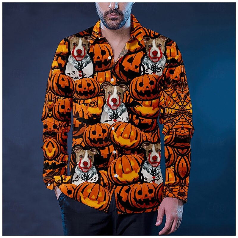 Halloween Men's Dog Lantern Face Shirt Beach Shirt Long Sleeve Vintage Horror Vacation Street Holiday Spring &  Fall Lapel Print Orange red Orange / Gray Orange yellow Black / Orange Orange