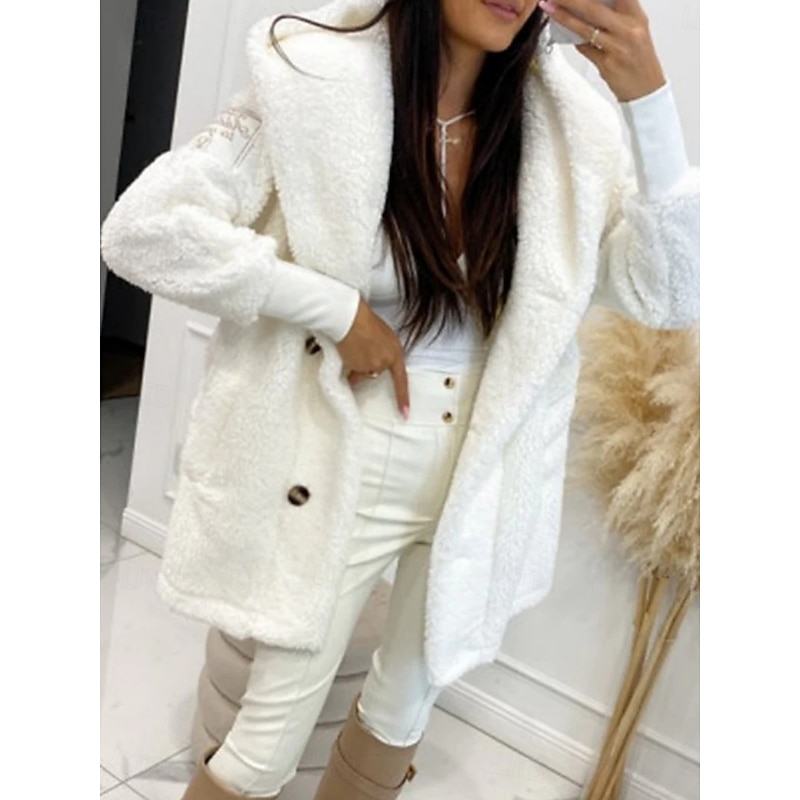 Women's Fleece Jacket Comfortable Breathable Pocket Casual Plain Vacation Street Casual Daily Wear Pullover Long Turndown Regular Fit Long Sleeve Outerwear Black White Pink Spring Fall