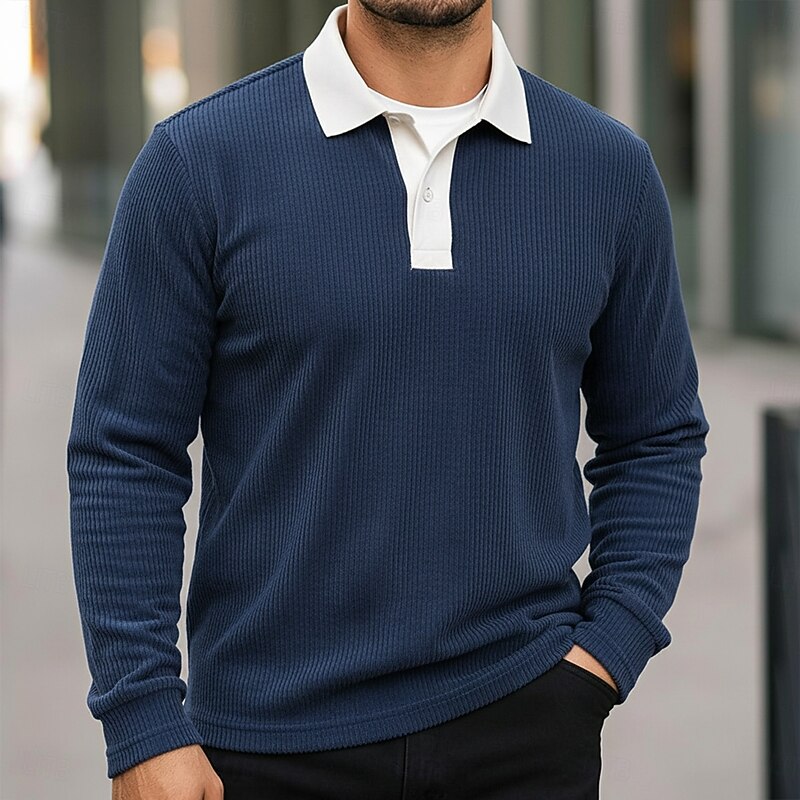 Men's Corduroy Shirt Polo Shirts Casual Sports Lapel Long Sleeve Fashion Basic Color Block Patchwork Buttons Fall Spring &  Fall Regular Fit Army Green Burgundy Navy Blue Dark Gray Corduroy Shirt