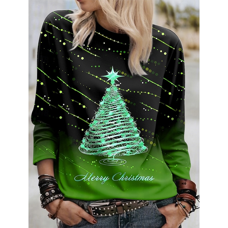 Christmas Women's T Shirt Graphic Christmas Tree Vintage Fashion Stylish Long Sleeve Crew Neck Regular Tops Daily Weekend Print Red Blue Purple Green Spring Fall Winter2