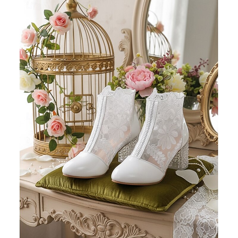 Women's Pink Lace Ankle Boots with Rhinestones Cute Floral Design Comfortable Dressy Shoes 7