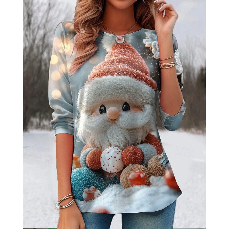 Christmas Women's T Shirt Santa Claus Snowflake Vintage Stylish Classic Long Sleeve Crew Neck Round Neck Regular Tops Weekend Print Red Light Grey Dark Gray Winter3
