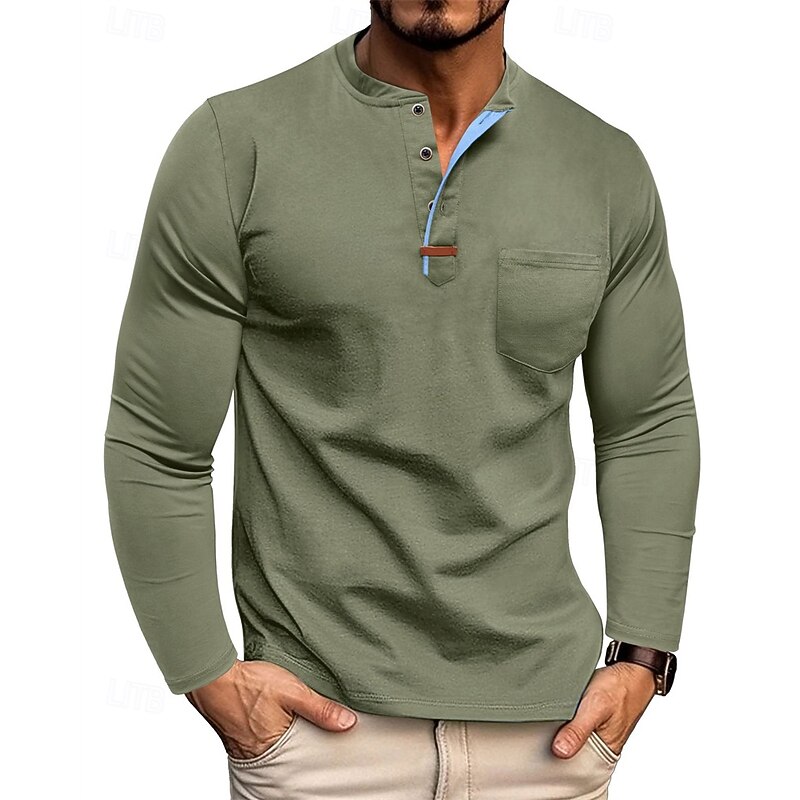 Men's T Shirt Henley Shirt Tee Tee Top Long Sleeve Henley Spring Fall Plain Fashion Designer Basic Pockets Buttons Vacation Street Going out Black White Wine Top Tee for Men4