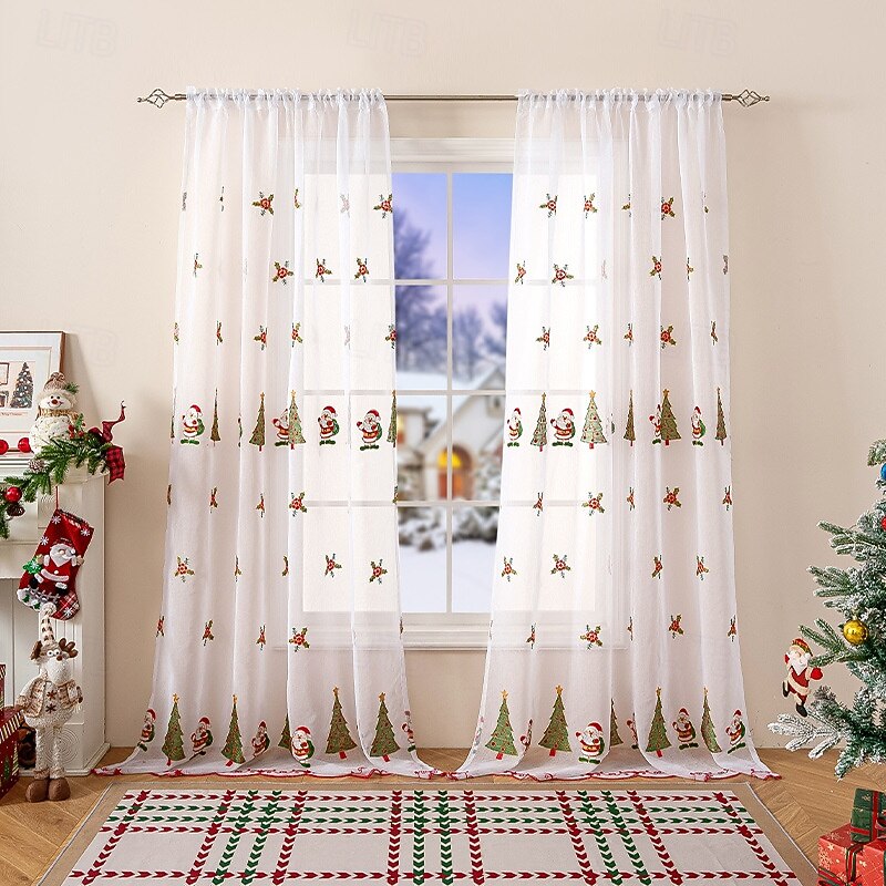 New American Style Christmas Curtain, Santa Embroidered Sheer Drapes, Blackout Rectangular Window Treatment, Finished Fabric Home Decoration