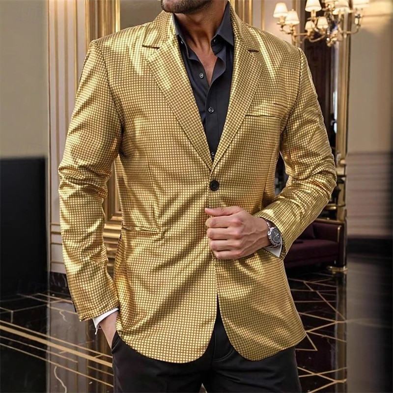 Men's Blazer Cocktail Party Wedding Party Disco Fashion Casual Spring Fall Polyester Plain Pocket Buttons Comfortable Single Breasted Blazer Gold